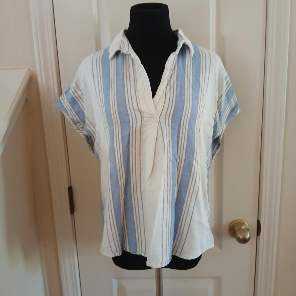 Banana Republic Oversized Linen-Blend Blue White Striped Dolman Top L Coastal